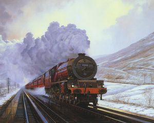 Preview wallpaper train, snow, winter, painting, canvas, smoke