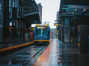 Preview wallpaper train, station, city, buildings, street