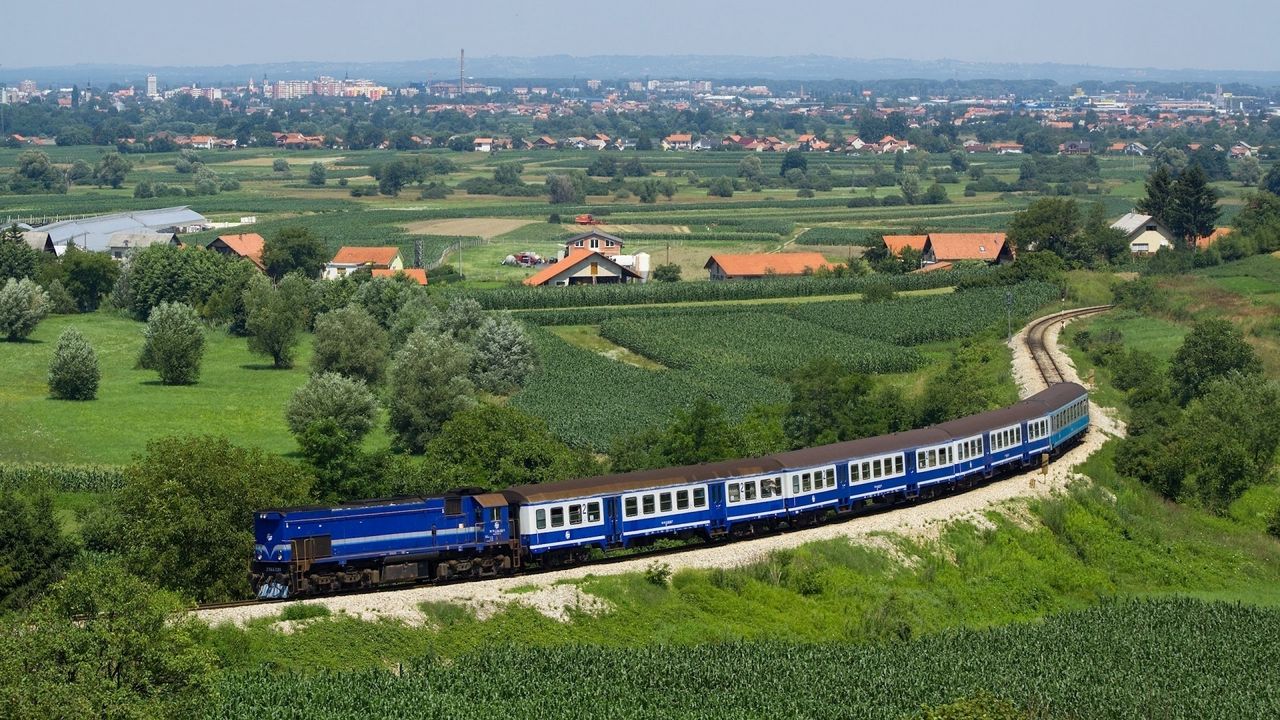 Wallpaper train, structure, dark blue, fields, trees, from above, city, suburb, distance, summer, railway