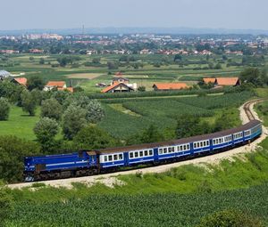 Preview wallpaper train, structure, dark blue, fields, trees, from above, city, suburb, distance, summer, railway