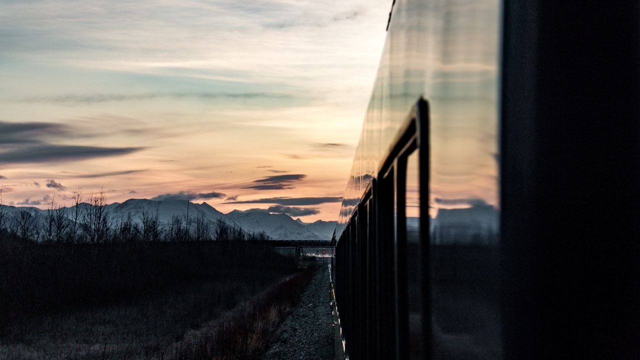 Wallpaper train, sunset, mountains, landscape, dusk