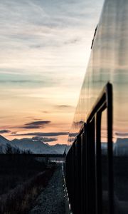 Preview wallpaper train, sunset, mountains, landscape, dusk