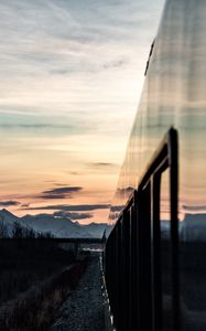 Preview wallpaper train, sunset, mountains, landscape, dusk