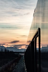 Preview wallpaper train, sunset, mountains, landscape, dusk