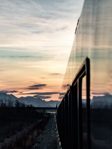 Preview wallpaper train, sunset, mountains, landscape, dusk
