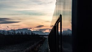Preview wallpaper train, sunset, mountains, landscape, dusk