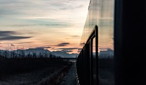 Preview wallpaper train, sunset, mountains, landscape, dusk