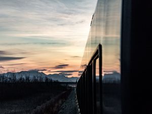 Preview wallpaper train, sunset, mountains, landscape, dusk