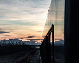 Preview wallpaper train, sunset, mountains, landscape, dusk