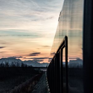 Preview wallpaper train, sunset, mountains, landscape, dusk