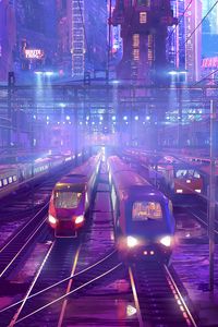 Preview wallpaper trains, railway, station, art, cyberpunk