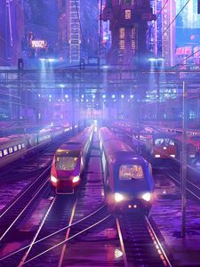 Preview wallpaper trains, railway, station, art, cyberpunk