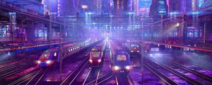 Preview wallpaper trains, railway, station, art, cyberpunk