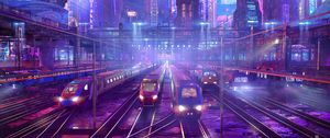 Preview wallpaper trains, railway, station, art, cyberpunk