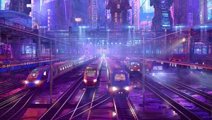 Preview wallpaper trains, railway, station, art, cyberpunk