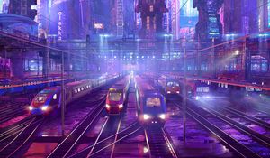 Preview wallpaper trains, railway, station, art, cyberpunk