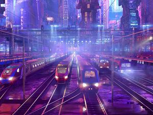 Preview wallpaper trains, railway, station, art, cyberpunk