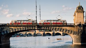 Preview wallpaper tram, bridge, river, water