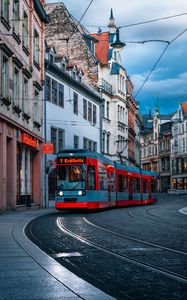 Preview wallpaper tram, buildings, wires, rails