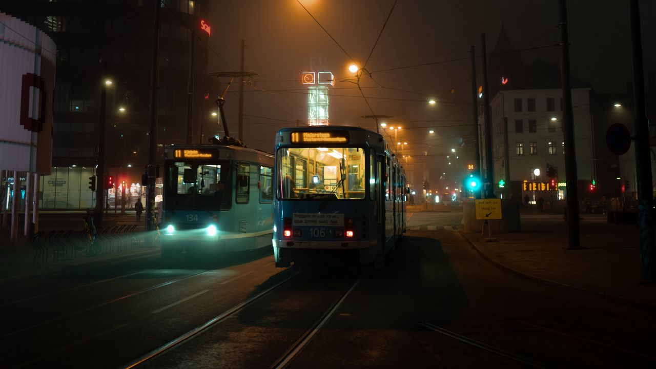 Wallpaper tram, rails, city, night, dark hd, picture, image