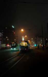 Preview wallpaper tram, rails, city, night, dark