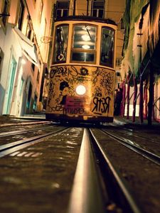 Preview wallpaper tram, rails, evening, graffiti, street