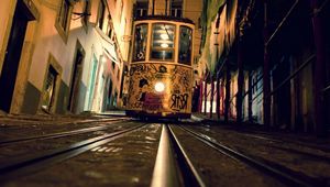 Preview wallpaper tram, rails, evening, graffiti, street