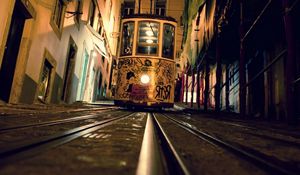 Preview wallpaper tram, rails, evening, graffiti, street