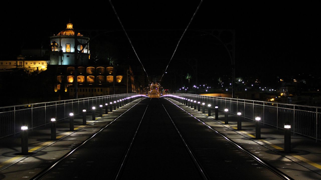 Wallpaper tram, rails, lights, night