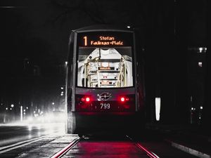 Preview wallpaper tram, rails, night, city, dark
