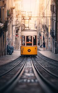 Preview wallpaper tram, rails, street, city, buildings