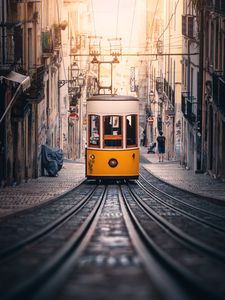 Preview wallpaper tram, rails, street, city, buildings