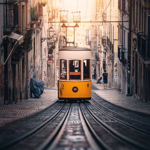 Preview wallpaper tram, rails, street, city, buildings