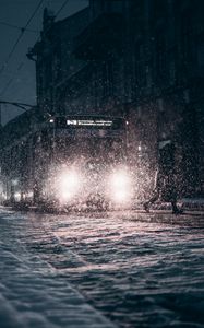 Preview wallpaper tram, snow, dark, light, lights