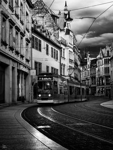 Preview wallpaper tram, street, city, black and white