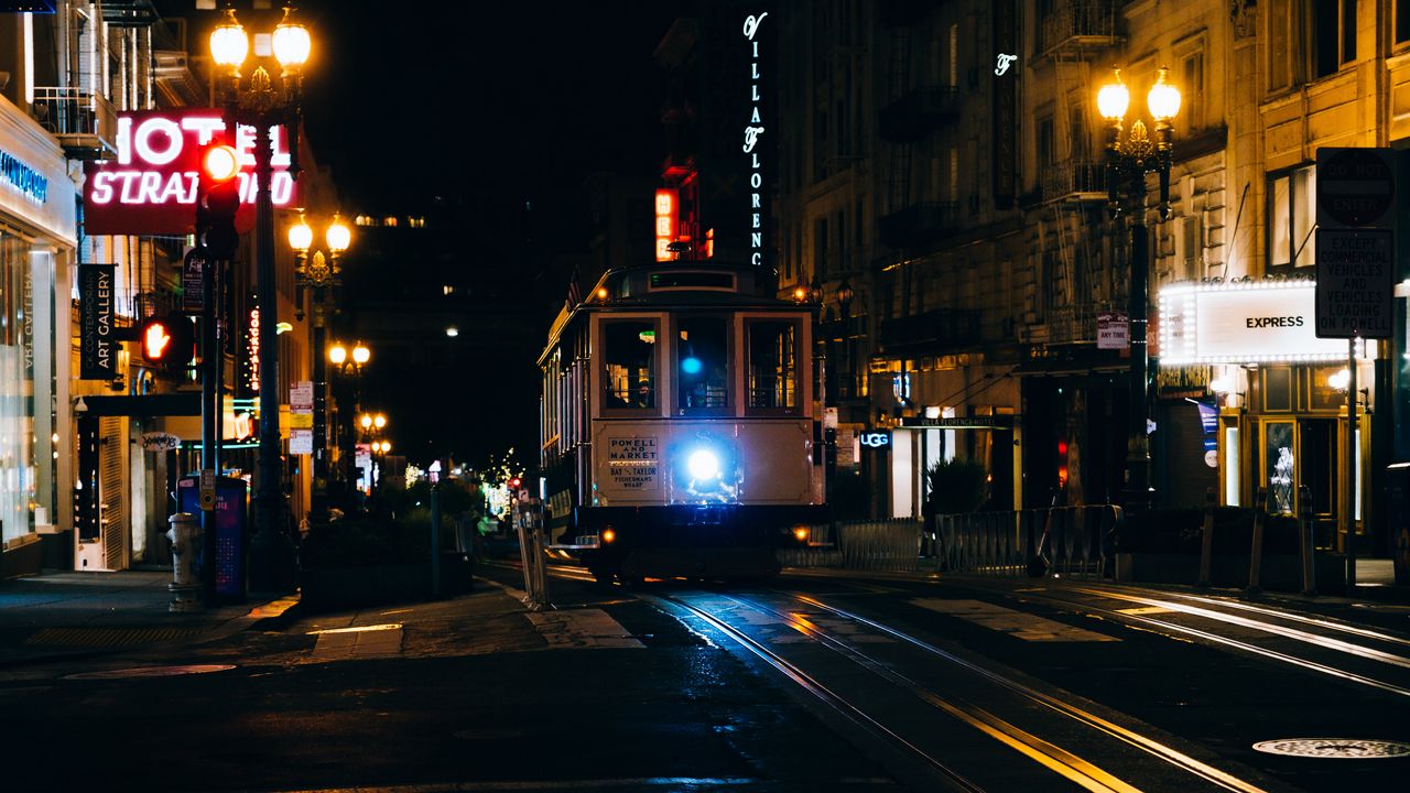 Wallpaper tram, street, lights, night