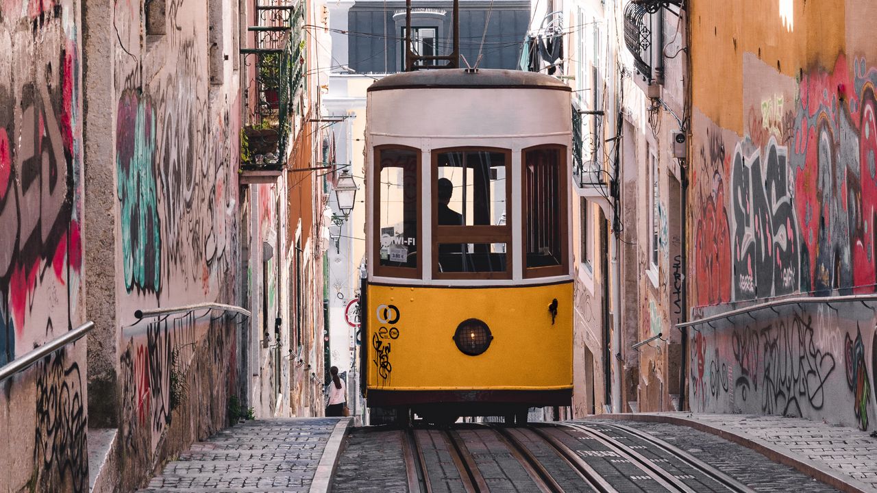 Wallpaper tram, yellow, city, street, buildings