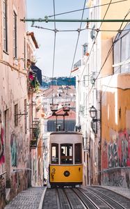 Preview wallpaper tram, yellow, city, street, buildings