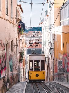 Preview wallpaper tram, yellow, city, street, buildings