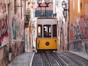 Preview wallpaper tram, yellow, city, street, buildings