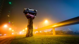 Preview wallpaper trans am totem, installation, cars, art object, tree, night city, fog, vancouver