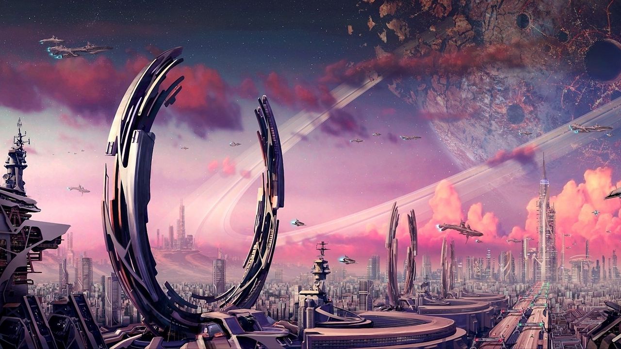 Wallpaper transport, city, rings, spaceships, planets, plants, crater, fantasy