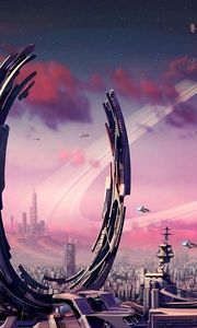 Preview wallpaper transport, city, rings, spaceships, planets, plants, crater, fantasy