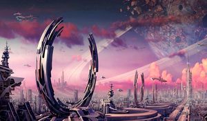 Preview wallpaper transport, city, rings, spaceships, planets, plants, crater, fantasy