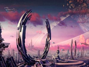 Preview wallpaper transport, city, rings, spaceships, planets, plants, crater, fantasy