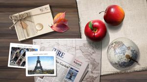 Preview wallpaper travel, apple, drawings, photographs, table
