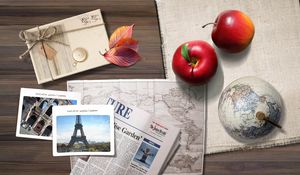 Preview wallpaper travel, apple, drawings, photographs, table