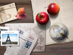 Preview wallpaper travel, apple, drawings, photographs, table