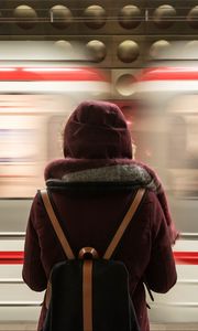 Preview wallpaper traveler, backpack, loneliness, train, station, speed