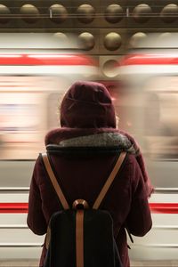 Preview wallpaper traveler, backpack, loneliness, train, station, speed